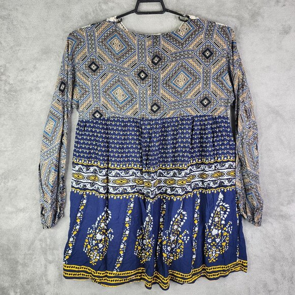 Umgee USA Womens Bohemian Tunic Dress Mixed Print Navy & Yellow 100% Rayon S - Picture 8 of 11